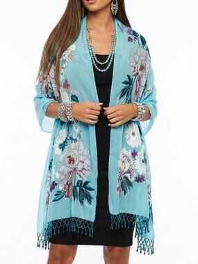 Vintage Blue Floral Velvet Burnout Wrap Scarf Beaded Tassels Shawl Beaded Fairy